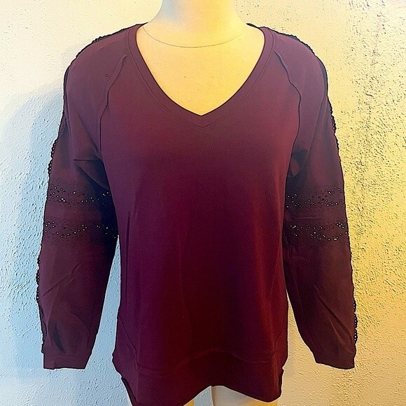 NWT Knox Rose Antique Berry Red Lace Detail Sweatshirt Size Small - Picture 2 of 10